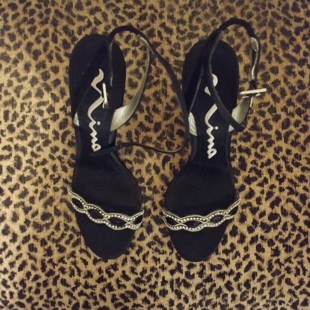 Nina Vasek Black Satin Sparkles Evening Sandal Heels